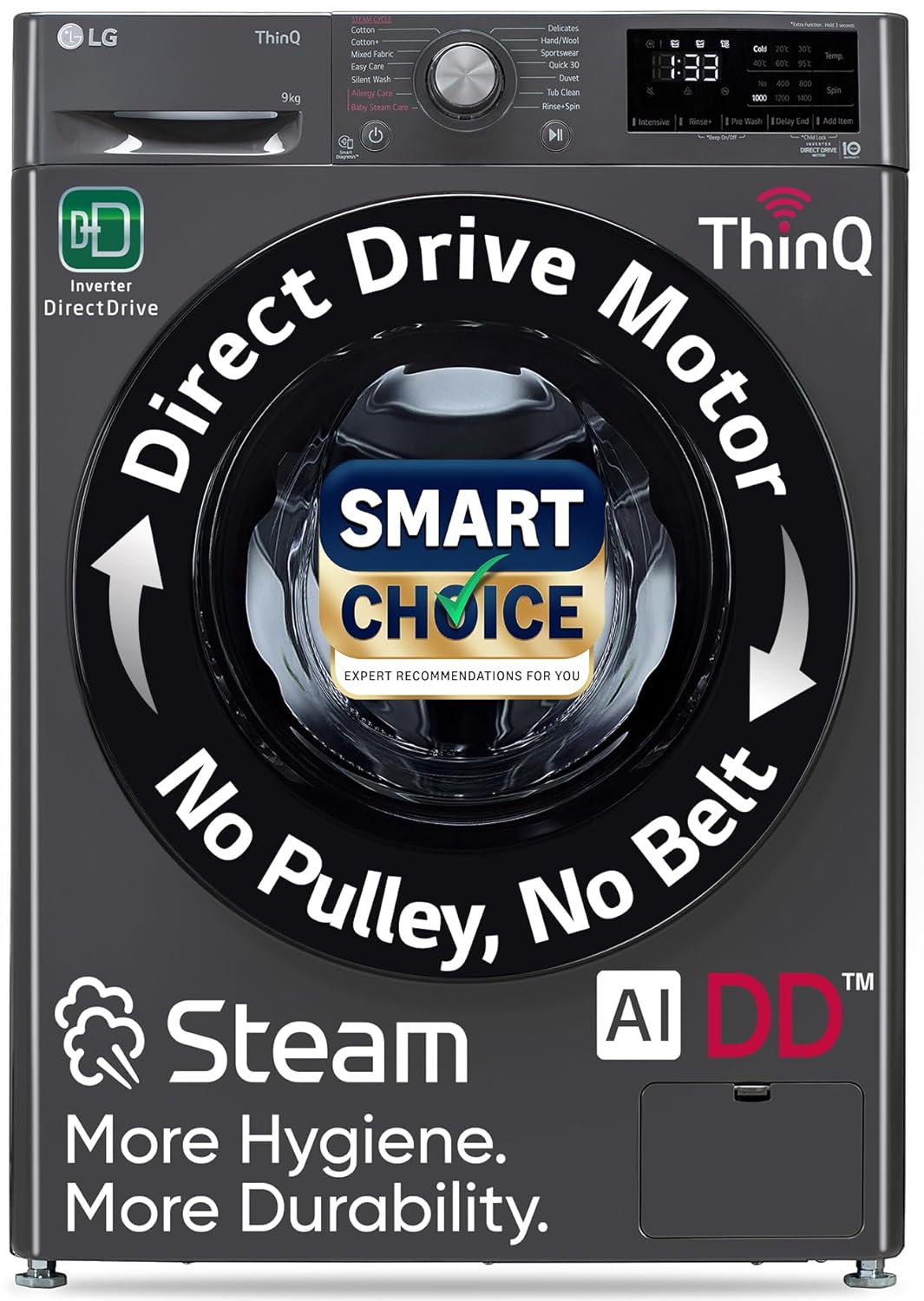 LG Smart Choice, 9 Kg, 5 Star, AI Direct Drive Technology, Steam, 6 Motion DD &amp; Wi-Fi Fully-Automatic Front Load Washing Machine (FHP1209Z5M, Intelligent &amp; Convenient Fabric Care, Middle Black)