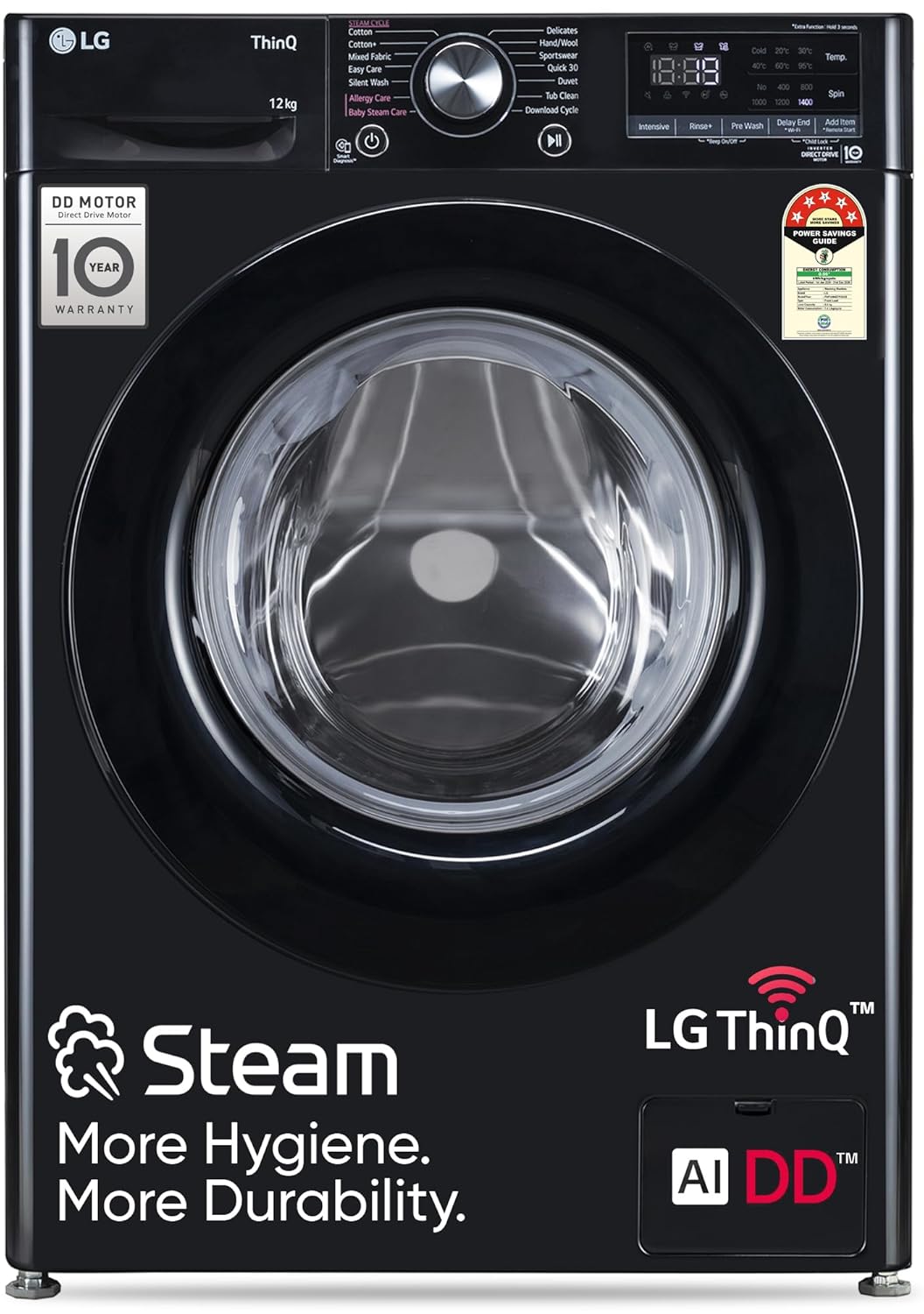 LG 12 Kg, 5 Star, AI Direct Drive Technology, Wi-Fi, Steam Fully Automatic Front-Loading Washing Machine (FHP1412Z3O, Intelligent &amp; Convenient Fabric Care, Allergy Care, In-Built Heater, Onyx Black)