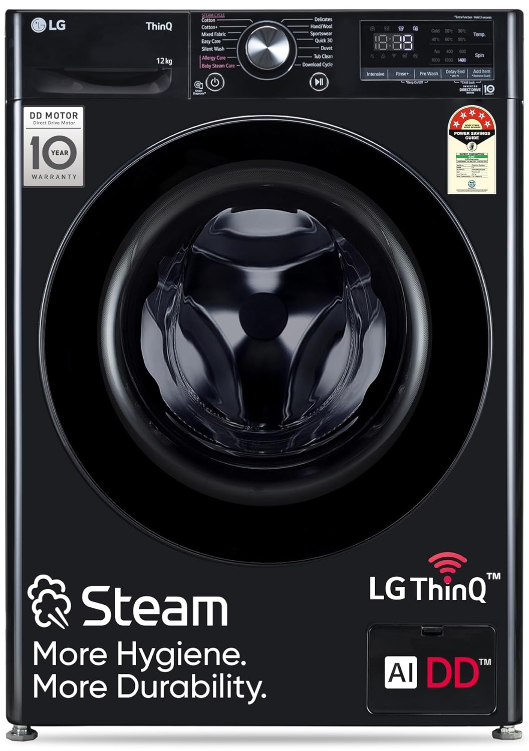 LG 12 Kg, 5 Star, AI Direct Drive Technology, Wi-Fi, Steam Fully Automatic Front-Loading Washing Machine (FHP1412Z5O, Intelligent &amp; Convenient Fabric Care, Allergy Care, Remote Control, Onyx Black)