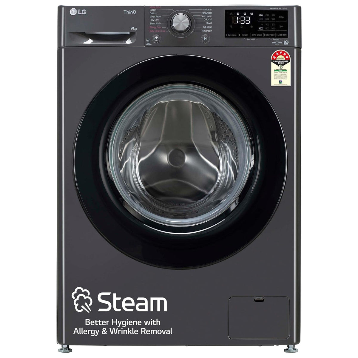 LG 9 Kg 5 Star Inverter Wi-Fi Fully-Automatic Front Loading Washing Machine with Inbuilt heater (FHV1409Z2M, Middle Black, AI DD Technology &amp; Steam for Hygiene)