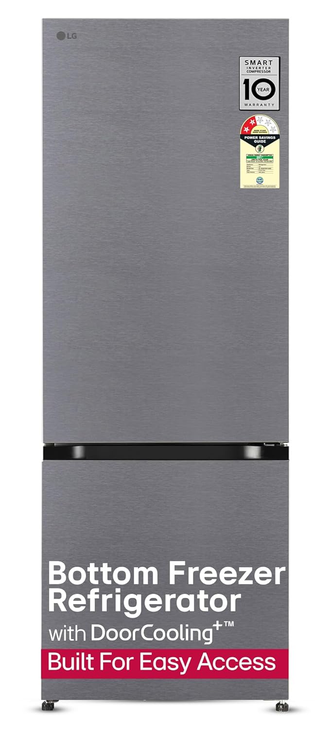 LG 340 L, 2 Star, Frost Free, Double Door, Smart Inverter Compressor, Bottom Freezer Refrigerator with DoorCooling+, AI ThinQ, Wi-Fi Convertible (GL-B382CDSY,Dazzle Steel, Express Freeze)