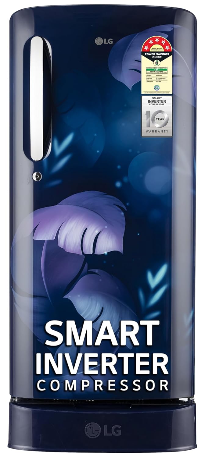 LG 185 L, 5 Star, Smart Inverter Compressor, Direct Cool Single Door Refrigerator (GL-D201ABIU.BBIZEBN, Blue ILAN, Moist N Fresh, Auto Smart Connect &amp; Base Stand Drawer)