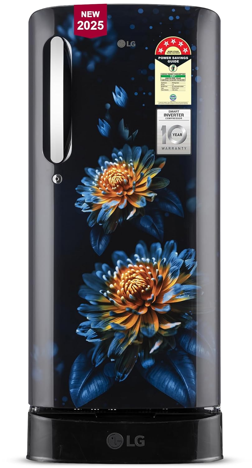 LG 185 L, 5 Star, Direct-Cool, Smart Inverter Compressor, Single Door Refrigerator with Fast Ice Making (GL-D201AEFU, Ebony Florance, Runs on Home Inverter, Moist 'N' Fresh &amp; Base stand with drawer)