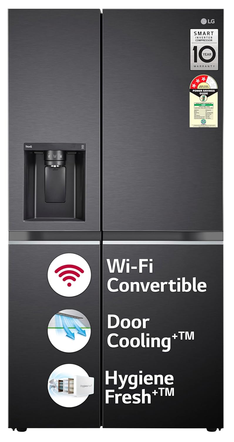 LG 630 L, 3 Star, Frost-Free, Double Door, Door Cooling+, Hygiene Fresh+, Smart Inverter, Wi-Fi Convertible Side By Side Refrigerator with AI ThinQ (GL-L257CMC3, Matt Black, Ice &amp; Water Dispenser)