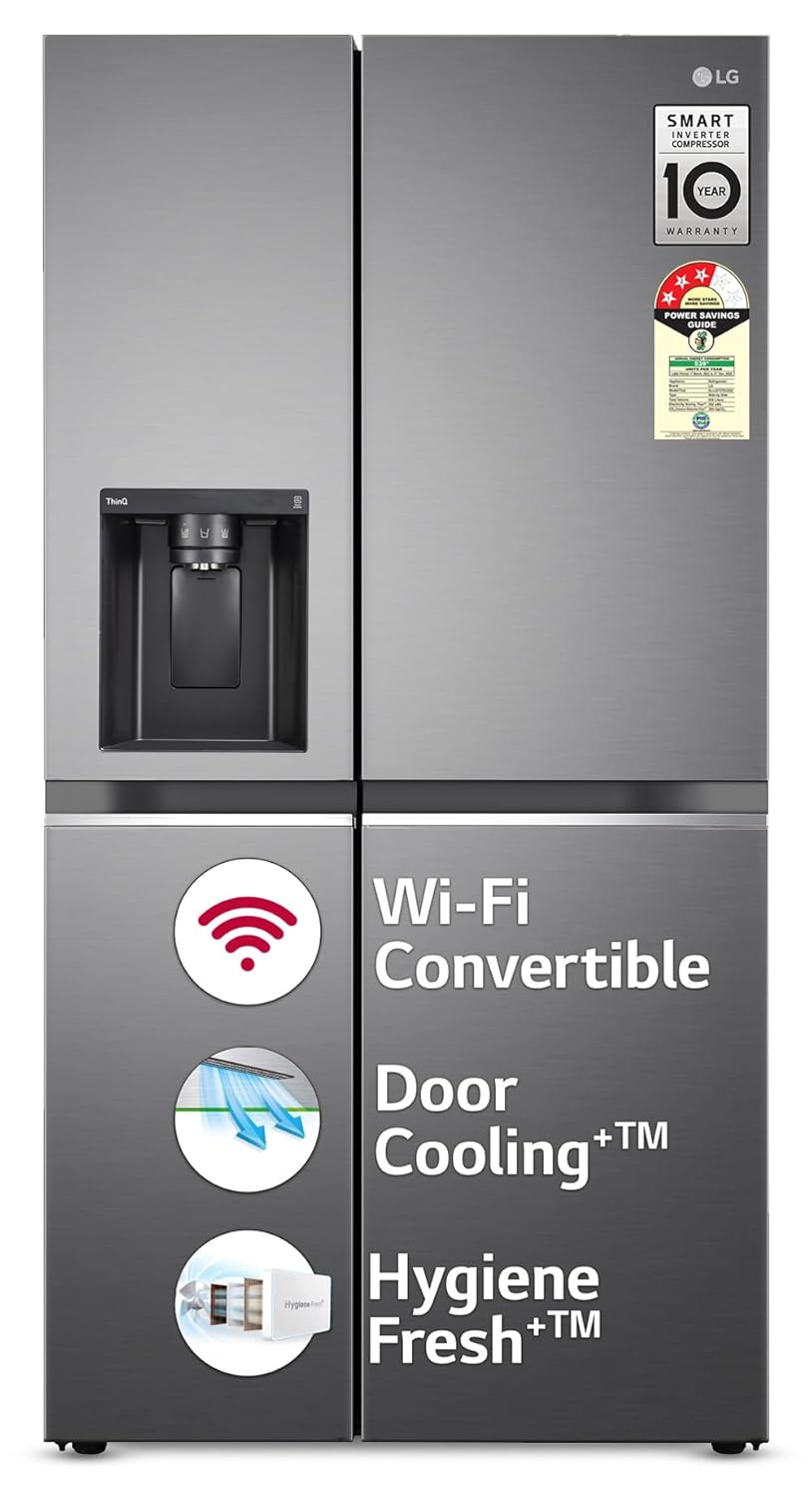 LG 630 L 3 Star Frost Free Smart Inverter Wi-Fi Double Door Side by Side Refrigerator (GL-L257CPZ3, Shiny Steel, Convertible, Door Cooling, Multi Air Flow | With Water &amp; Ice Dispenser)