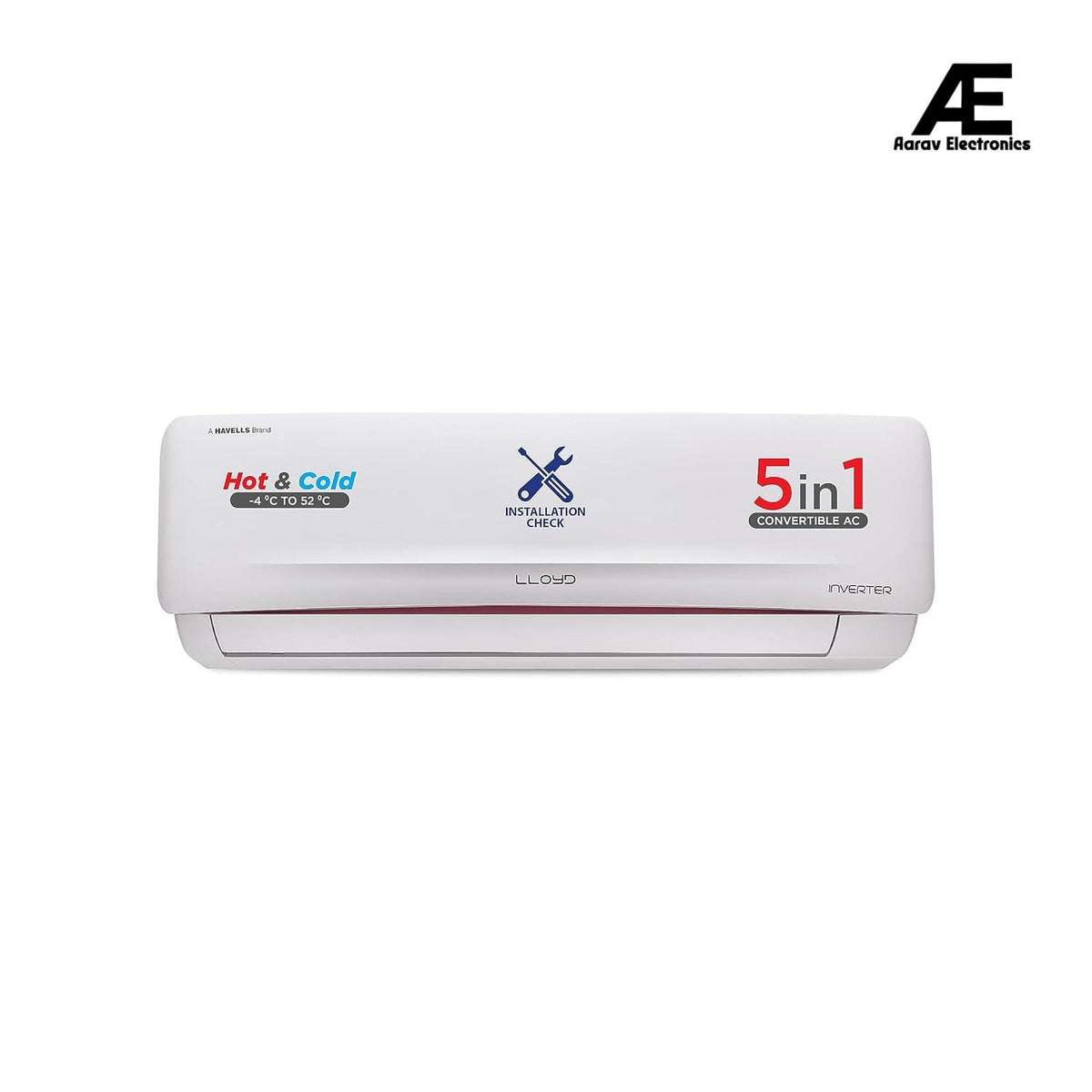 Lloyd 1.5 Ton 3 Star Hot &amp; Cold Inverter Split AC (5 in 1 Convertible, Copper, Anti-Viral + PM 2.5 Filter, White with Red Deco Strip, GLS18H3FWRHC)