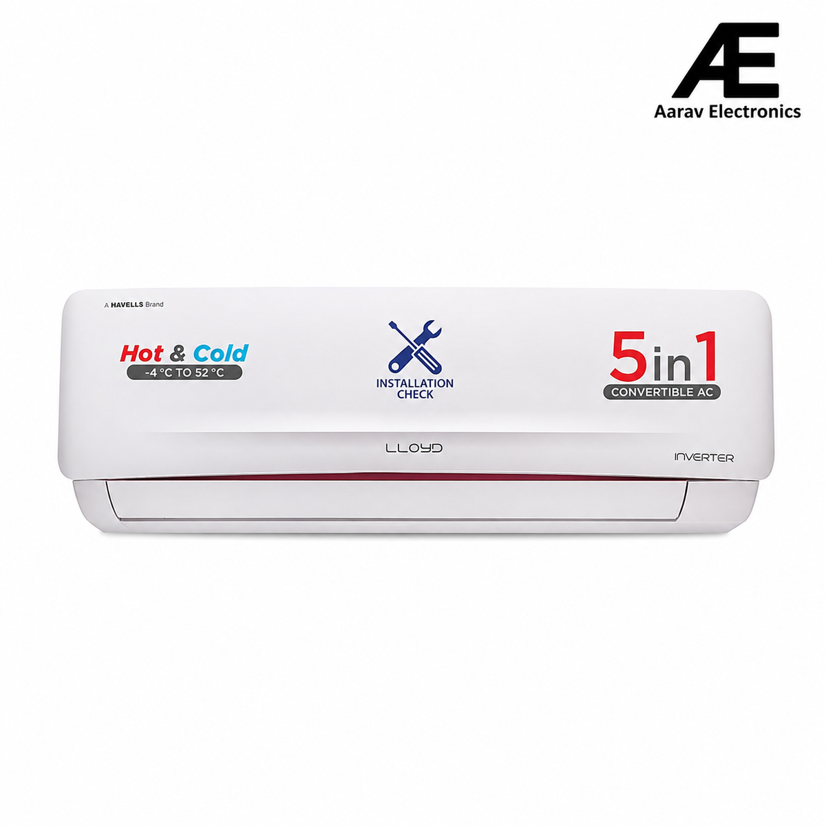 Lloyd 1.5 Ton 5 Star Hot &amp; Cold Inverter Split AC (5 in 1 Convertible, 100% Copper, Anti-Viral + PM 2.5 Filter, 2023 Model, White with Red Deco Strip, GLS18H5FWRHC)
