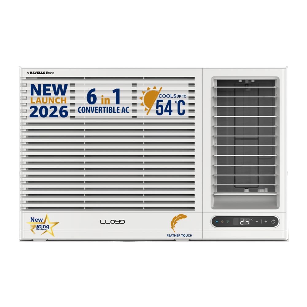 Lloyd 1.5 Ton 3 Star Side Throw Inverter Window AC (6 in 1 Convertible, Cools Up To 54°C, Turbo Cool, Feather Touch Control, Remote Control Operation, LED Display, 100% Copper, White, GLW18I3AGSPR)