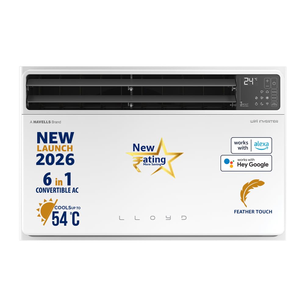 Lloyd 1.5 Ton 5 Star Top Throw Inverter Window AC, 2026 New Star Rated (6 in 1 Convertible, Cools Up To 54°C, Voice & WiFi Enabled, Opti Breeze, Super Silent, 4 Way Air Swing, White, GLW18V5AGTPR)