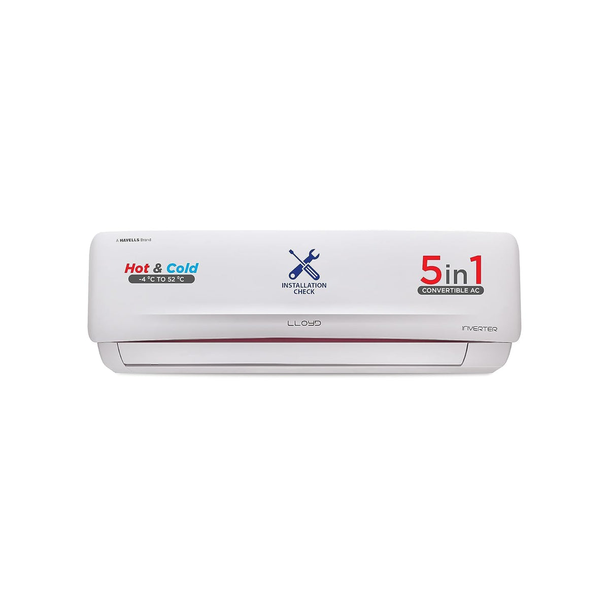 Lloyd 1.5 Ton 5 Star Hot &amp; Cold Inverter Split AC (5 in 1 Convertible, 100% Copper, Anti-Viral + PM 2.5 Filter, 2023 Model, White with Red Deco Strip, GLS18H5FWRHC)