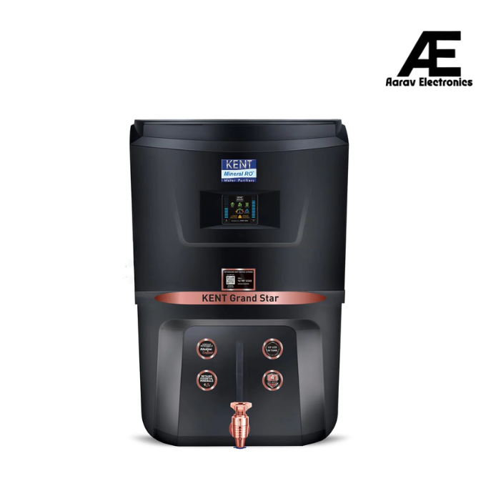 KENT Grand Star RO Water Purifier | RO+UV+UF+TDS Control+Alkaline+Copper+UV in Tank |.0001 Micron RO Membrane | Auto Flush Feature | 9L Tank | 20 LPH | Ideal For Borewell/Tanker/Municipal Water |Black