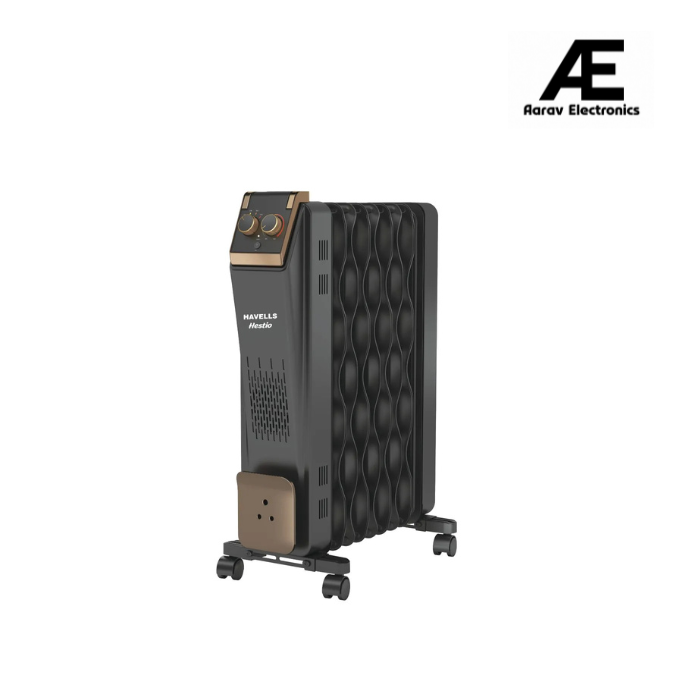 Havells 9 Fin Hestio Wave Fin OFR (Oil Filled Radiator)|Room Heater|2400 W|3 Heat Settings & PTC Fan Heater|Inclined Control Panel|Retractable Wheels| Comfortable Breathing|360° Heating (Black)
