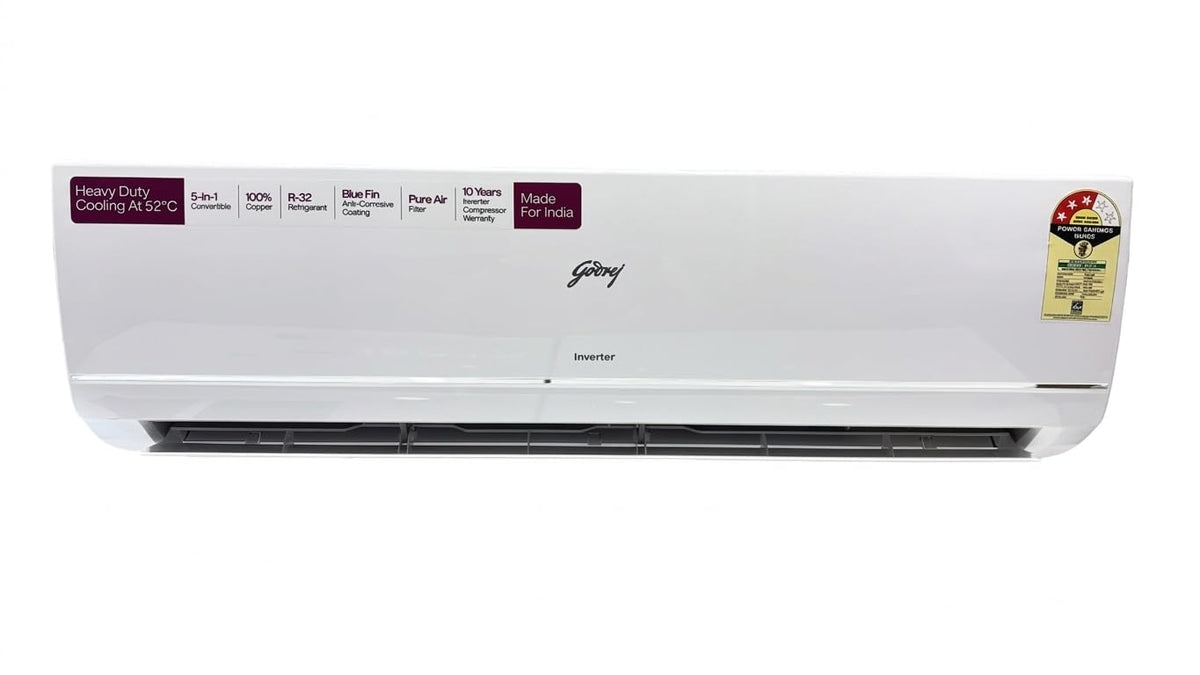 Godrej 1.5 Ton 3 Star Inverter Split AC (5-in-1 Convertible, AI Powered, 5 Years Comprehensive Warranty, Copper Condenser, 52°C Cooling, I-Sense Technology) – Model AC 1.5T TR HIC 18Y3TG WA 3S, White