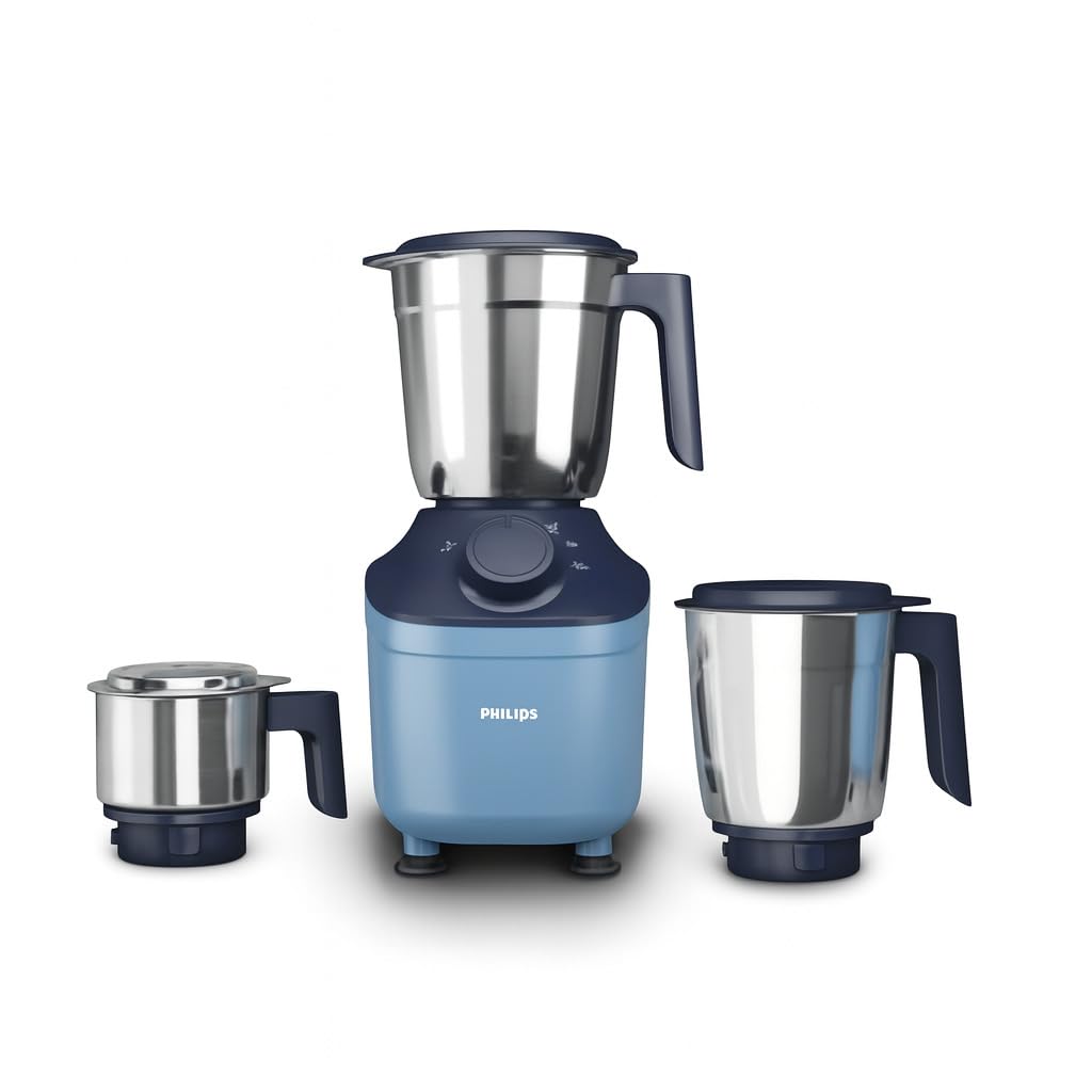 Philips HL7773/01 800-Watt Mixer Grinder with MicroGrind Technology | 3 Stainless Steel Jars (1.5L, 1L, 0.3L) | 3-Speed Control | Durable Plastic Body | Blue Colour | 2-Year Warranty