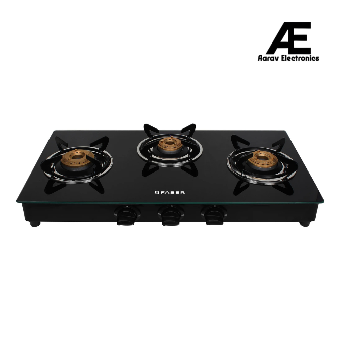 Faber 3 Burner Gas Cooktop with Brass Burners, Manual Ignition & Tempered Black Glass – HOB COOKTOP DAISY 3BB BK
