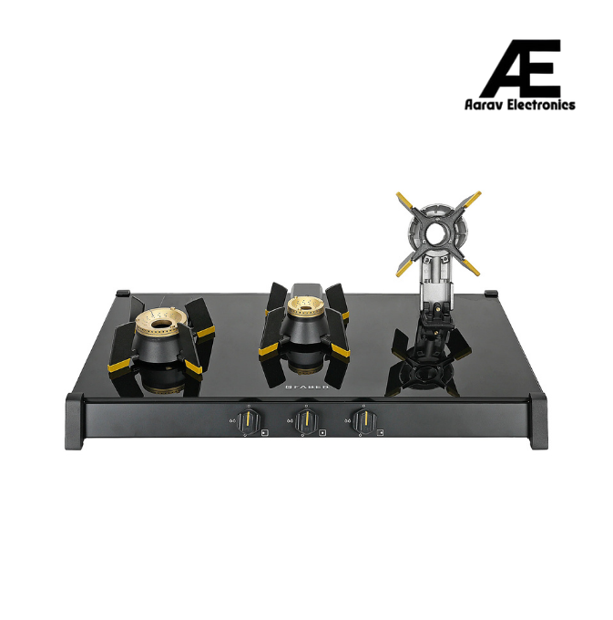 Faber Genius 75cm 3 Burner Cooktop | Brass Burners | Manual Ignition | 8mm Toughened Glass | Lift & Lock Burner Design - Hob Cooktop Genius 753 BK