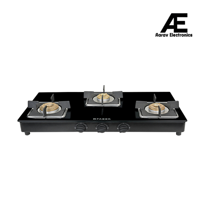Faber 77 cm 3 Burner Gas Cooktop with Brass Burners, Manual Ignition & Toughened Black Glass – HOB COOKTOP PEARL 3BB BK