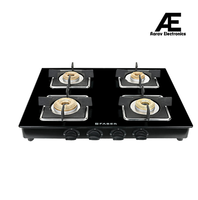 Faber 4 Burner Gas Cooktop with Brass Burners, Manual Ignition & Toughened Black Glass – HOB COOKTOP PEARL 4BB BK