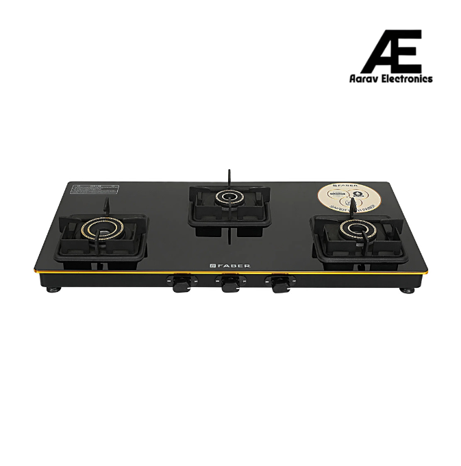 Faber 77 cm 3 Burner Gas Cooktop with Brass Burners, Non-Auto Ignition & Toughened Black Glass – HOB COOKTOP PRINCE PLUS 3BB BK