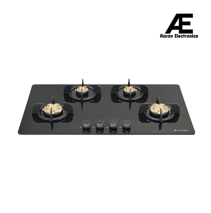 Faber Prime 4 Burner Built-In Gas Hob with Brass Burners, Toughened Black Glass, Cast Iron Pan Support & Auto Ignition – HOB PRIME HT904 CRS BR CI AI