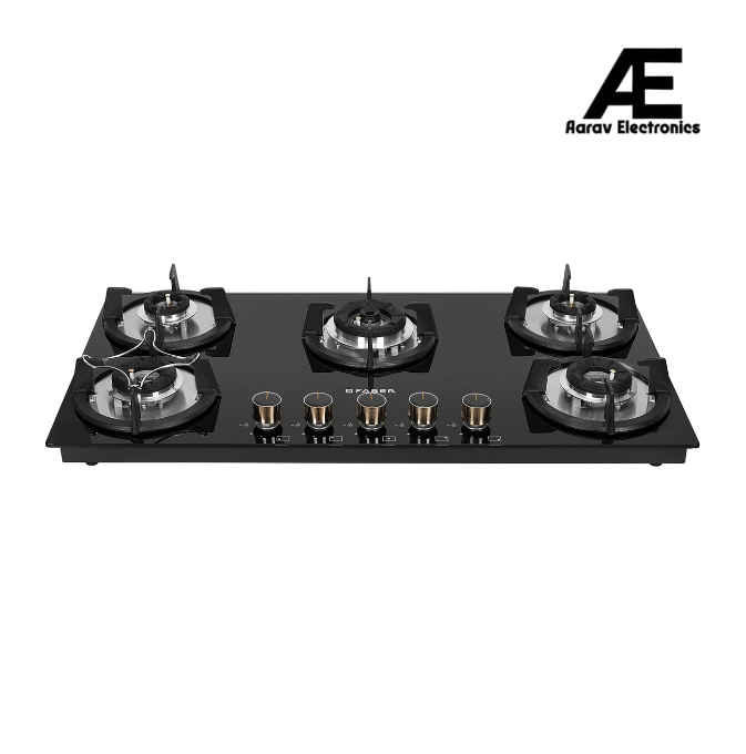 Faber 90 cm 5 Burner Built-in Gas Hob with Brass Burners, Auto Ignition & Toughened Black Glass – HOB SUPERIA HT905 BR AI N