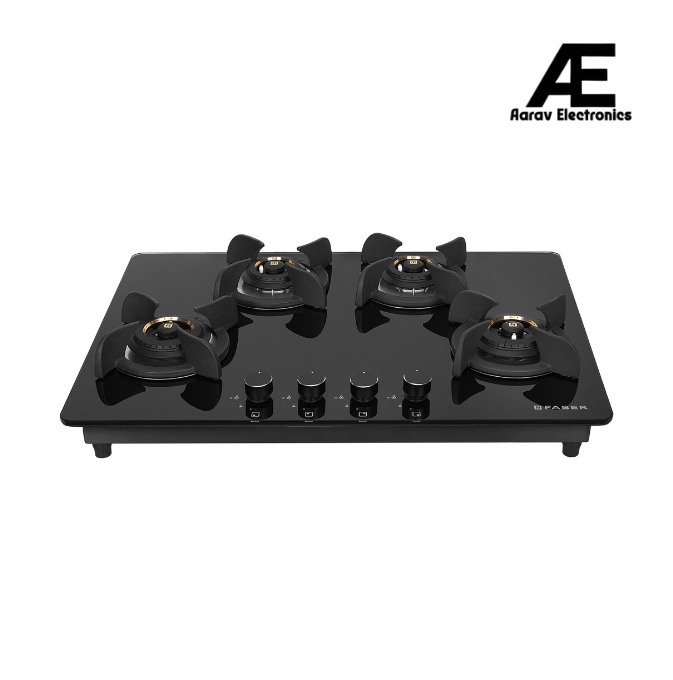 Faber 72 cm 4 Burner Built-in Gas Hob with Brass Burners, Auto Ignition & 8 mm Toughened Black Glass – HOB ULTIMA HT724 CRS BR CI AI