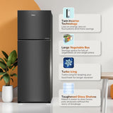 Haier 240L 2 Star Frost Free Top Mount Double Door Refrigerator|5 In 1 Convertible Modes|Twin Inverter|200% Faster Ice Making in 49 Minutes (HRF-2902IBGB-P, GE Black)