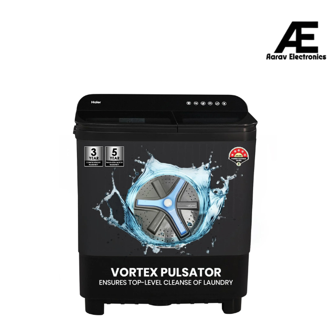 Haier 10 kg 5 Star Toughened Glass &amp; Vortex pulsator Semi Automatic Top Load (HTW100-178BKN1,Black)