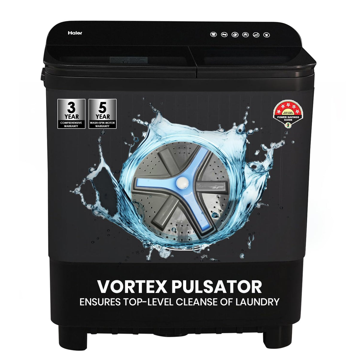 Haier 10 kg 5 Star Toughened Glass &amp; Vortex pulsator Semi Automatic Top Load (HTW100-178BKN1,Black)