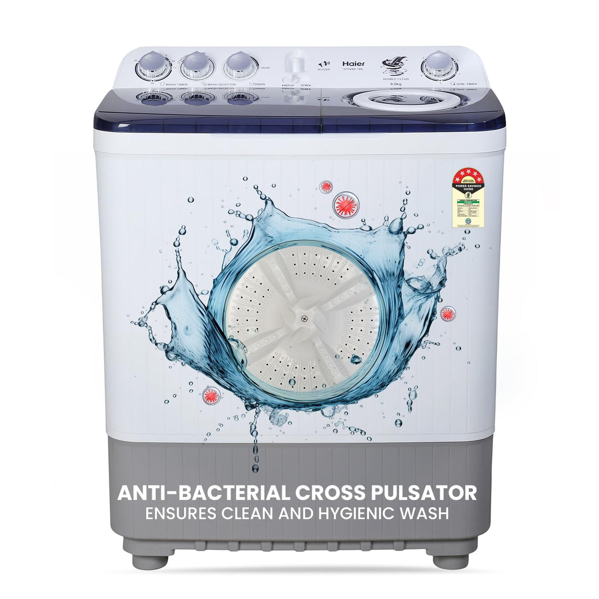 Haier 8 kg 5 Star Vortex pulsator Semi Automatic Top Load Washing Machine (HTW80-186)