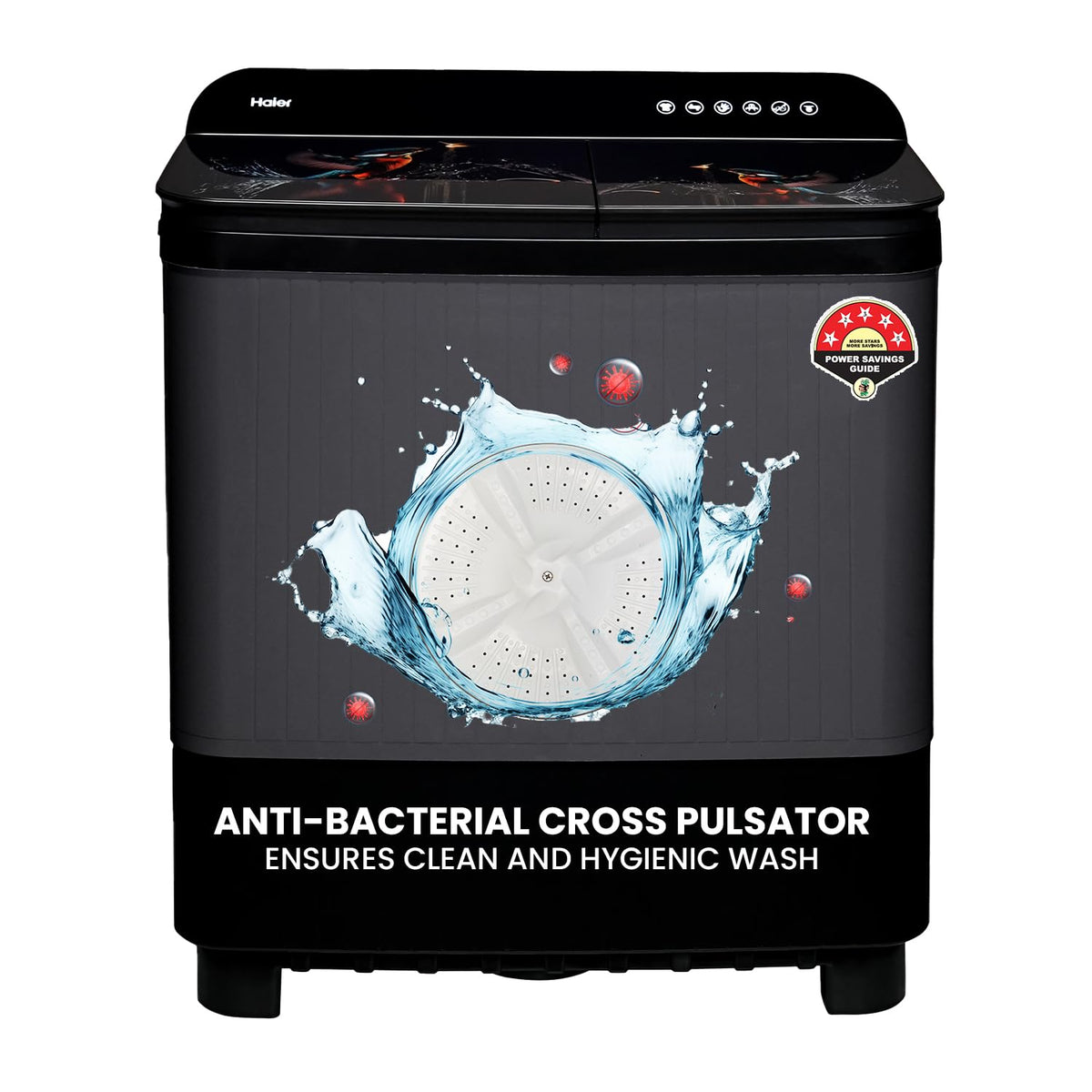 Haier 9 kg 5 Star Toughened Glass &amp; Vortex pulsator Semi Automatic Top Load (HTW90-178FLN,Black)