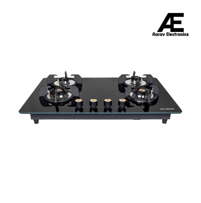 Faber 78 cm 4 Burner Built-in Gas Hob with Brass Burners, Auto Ignition & 8 mm Toughened Black Glass – Hob Maxus HT784 CRS BR CI AI