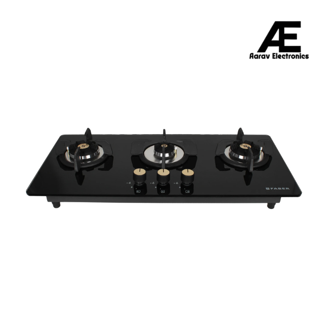 Faber 80 cm 3 Burner Built-in Gas Hob with Brass Burners, Auto Battery Ignition & 8 mm Toughened Black Glass – Hob Maxus HT803 CRS BR CI AI