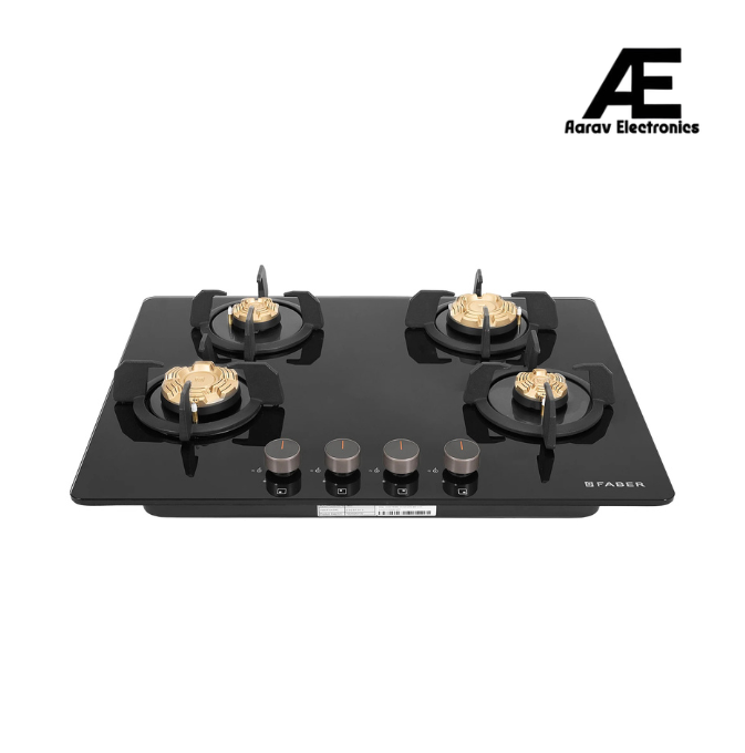 Faber 70 cm 4 Burner Built-in Gas Hob with Brass Burners, Auto Ignition, Multi-Flame Burners & 8 mm Toughened Black Glass – Hob PRIME HT704 CRS BR CI AI
