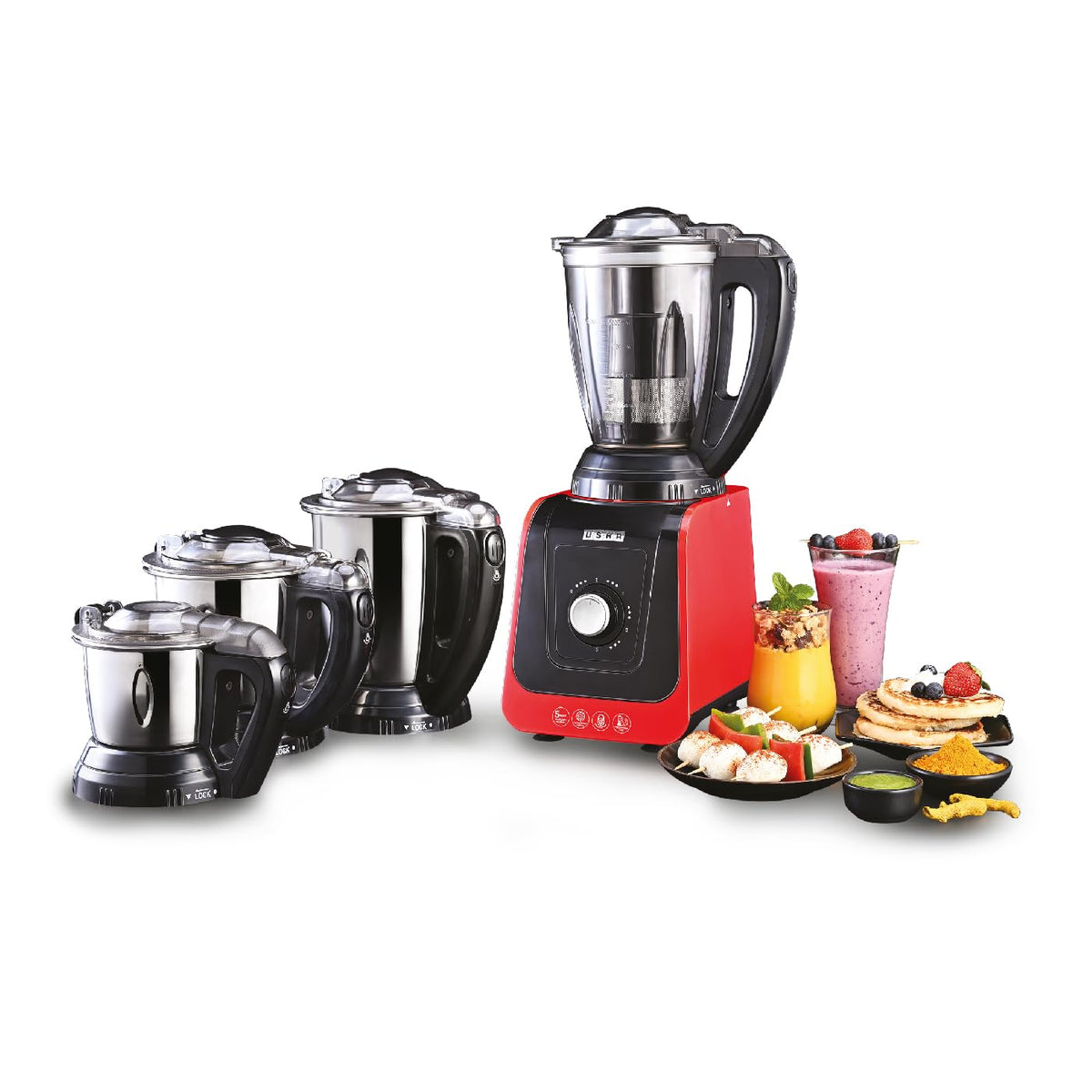 USHA ICHEF 750 Watt Copper Motor Mixer Grinder with 3 SS Jars &amp; Translucent blender PC Jar with fruit filter| Hands Free operation with Dual Safety Lock| (Red/Black)