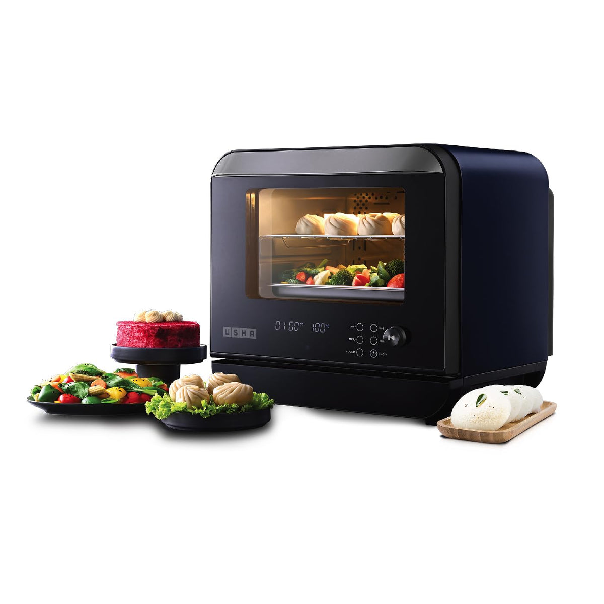 Usha iChef Steam Oven | Air Fryer | Steamer | 39 Pre-set Menus | 11 in-1 Functions | 3 Level cooking | Turbo Air Circulation | 1000 W Heating element and 800 W 3D Steam &amp; 18L (Blue)