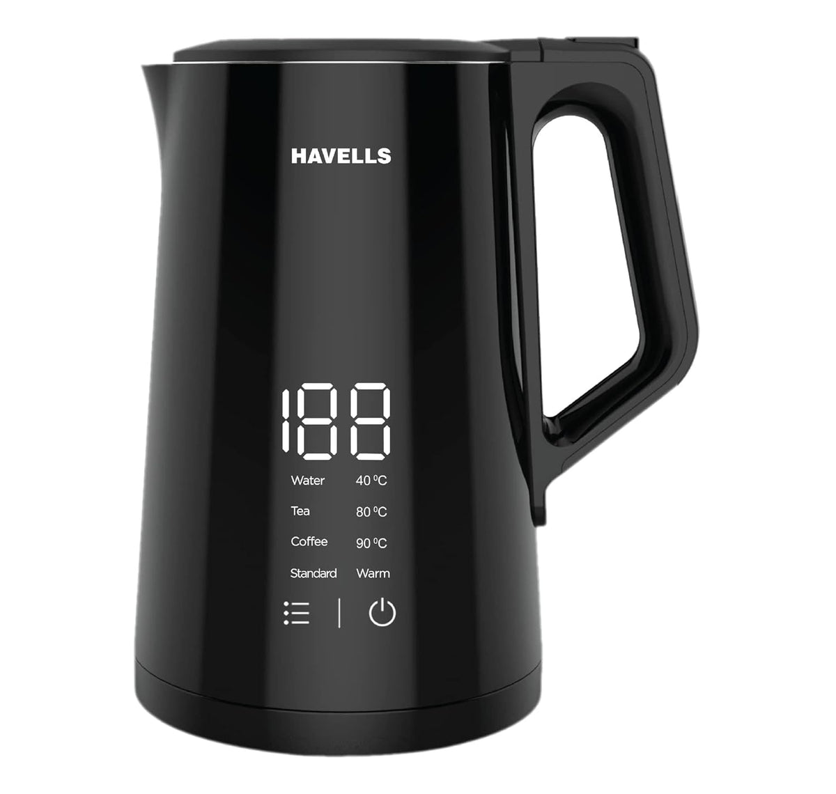 Havells I-Conic 1.5 Litre Digi Kettle With Double Wall And 304 Stainless Steel Tank (Black),1600 Watts