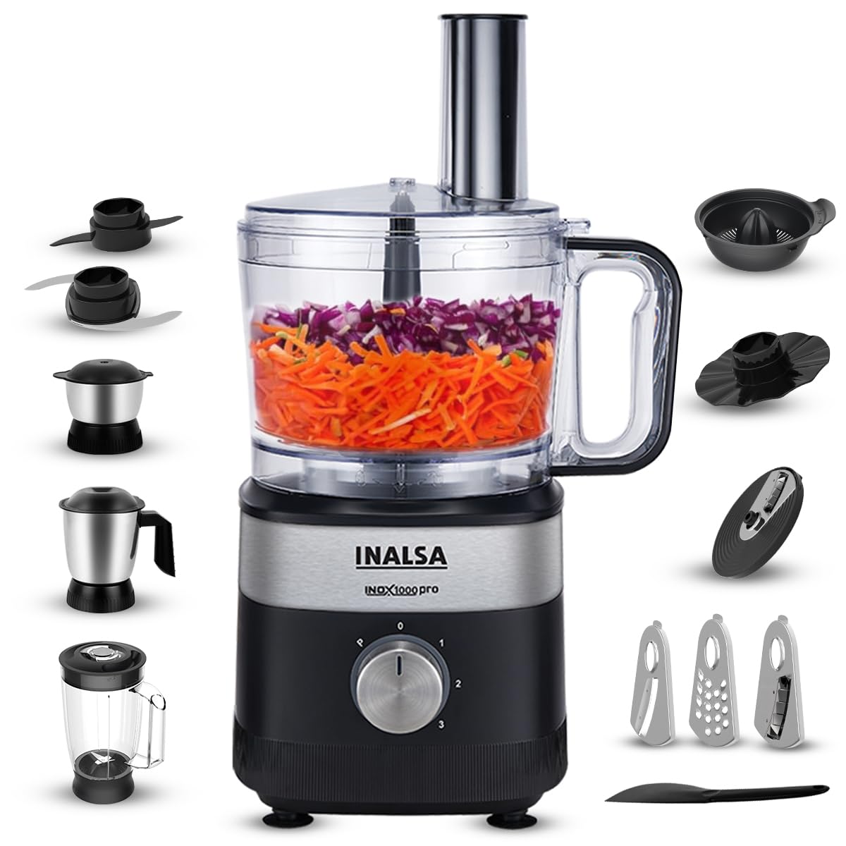 INALSA Food Processor For Kitchen With Mixer Grinder Juicer|1000 Watt Copper Motor|2.5L Processing Jar|Chopping,Kneading Blade|Citrus Juicer|Shredding,Slicing,Whisker&amp;French Fries Cutter-Inox1000 Pro