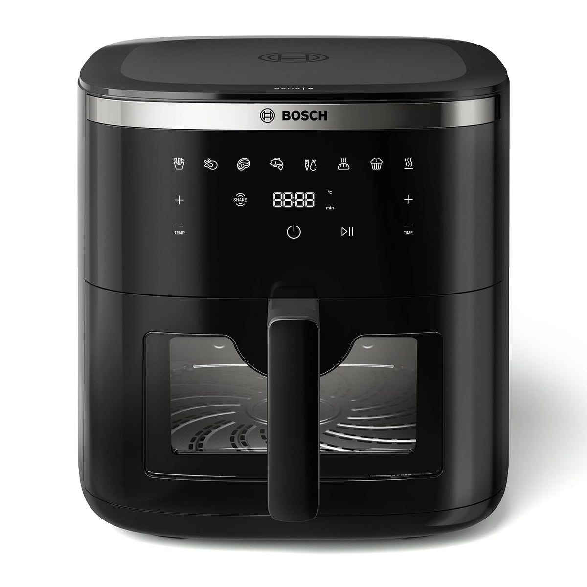 Bosch Crispmaxx Air Fryer 7.2L with baking tray, With Touch Panel,7 Presets menus,Illuminated Viewing Window, Shake Alarm,MAF671B5IN,Black