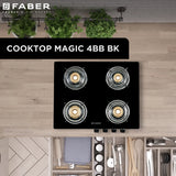 Faber 4 Burner Gas Cooktop with Brass Burners, Manual Ignition & Tempered Black Glass – HOB COOKTOP MAGIC 4BB BK