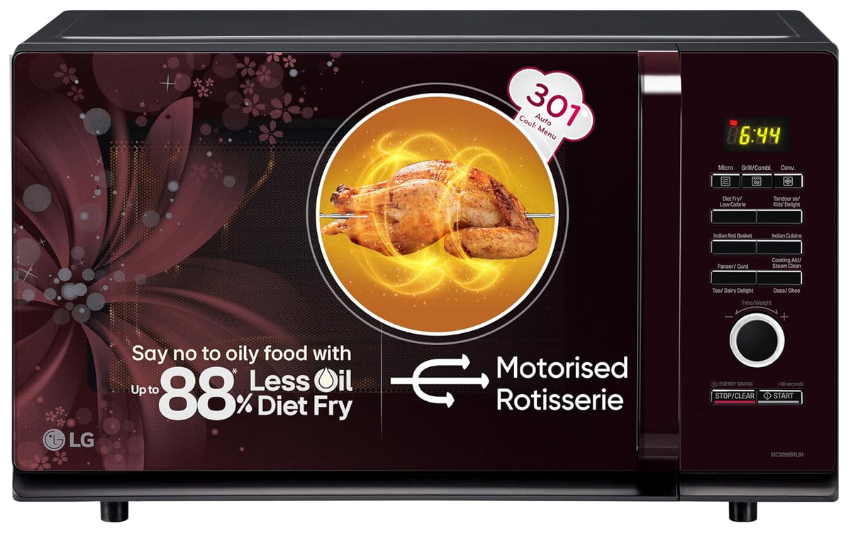 LG 32 L Convection Microwave Oven (MC3286BRUM, Black, 360° Motorised Rotisserie for Bar-be-queing, 301 Auto Cook Menu, Stainless steel cavity, Indian Cuisine, Tandoor Se, Steam Clean &amp; Diet Fry)