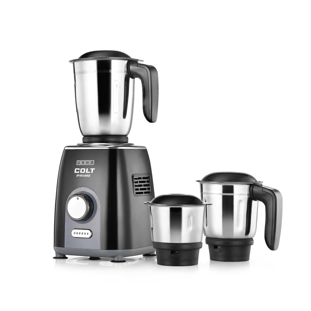 USHA Colt Prime Mixer Grinder| 500W| Powerful 100% Copper Motor| Rust Resistant Stainless Steel Jars &amp; Blades| Uniform Grinding with 3 Jars| 5 Years Motor Warranty