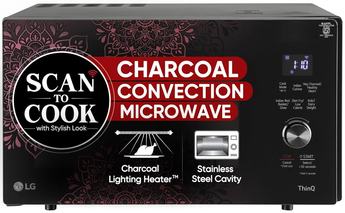 LG 28 L Scan to Cook Wi-Fi Enabled Charcoal Convection Microwave Oven (MJEN286VIW, Black, Stainless steel cavity, Heart Friendly Recipes, Ghee, Diet Fry &amp; 360° Motorised Rotisserie for Bar-be-queing)