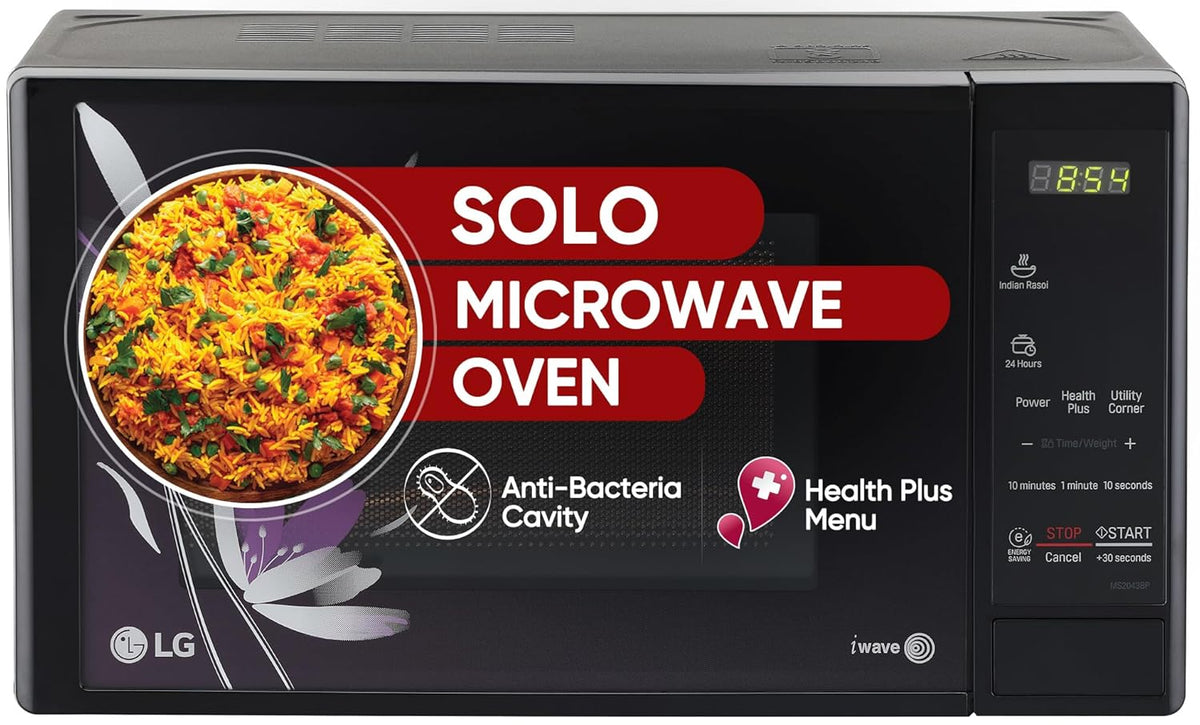 LG 20 L Solo Microwave Oven (MS2043BP, Black, Health plus Menu, I-Wave Technology, Indian Cuisine, Even Reheat &amp; Defrost, Auto Cook Menu, Anti-Bacterial Cavity &amp; Steam Clean)