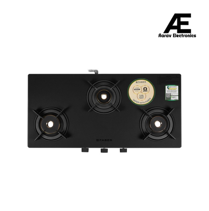 Faber Nebula 3 Burner Gas Cooktop with Black Matt Toughened Glass, Brass Burners, Jumbo Burner & Manual Ignition – NEBULA 3BB BK