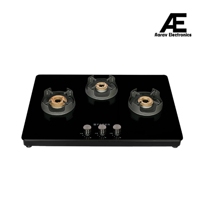 Faber 75 cm 3 Burner Gas Cooktop with Brass Burners, Manual Ignition & 8 mm Toughened Black Glass – NiOS DLX 753 BB BK