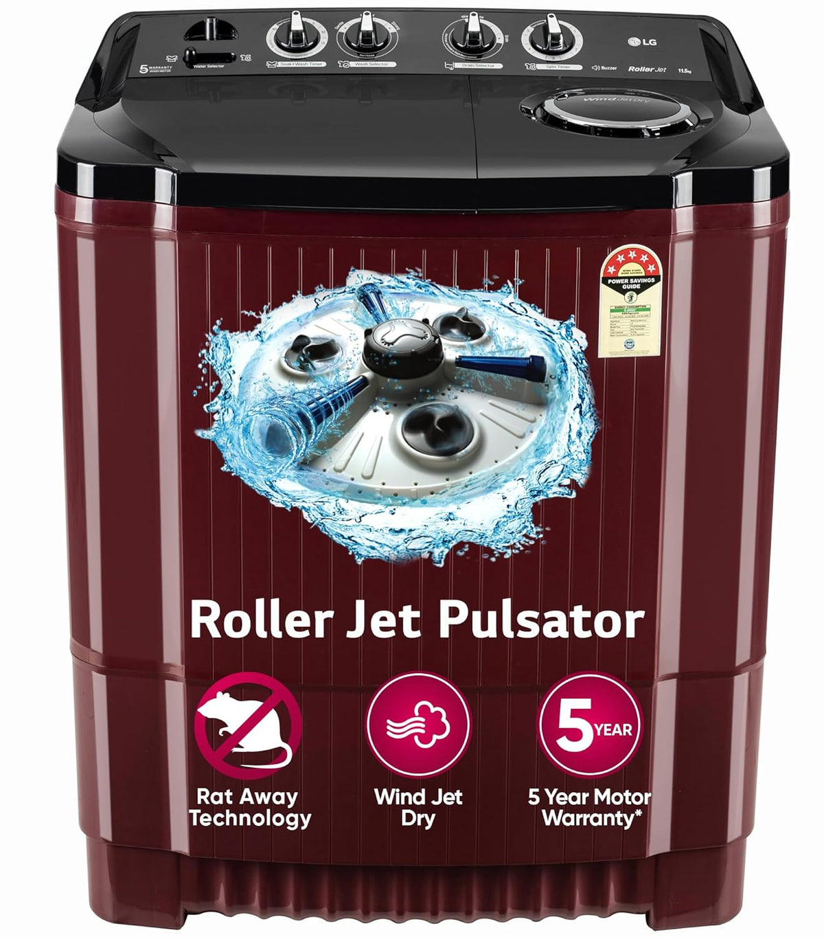 LG 11.5 kg, 5 Star, Roller Jet Pulsator with Soak, Wind Jet Dry Technology, Semi-Automatic Top Load Washing Machine (2025 Model, P115ASDAZ, Smart Filter &amp; Rat Away feature)