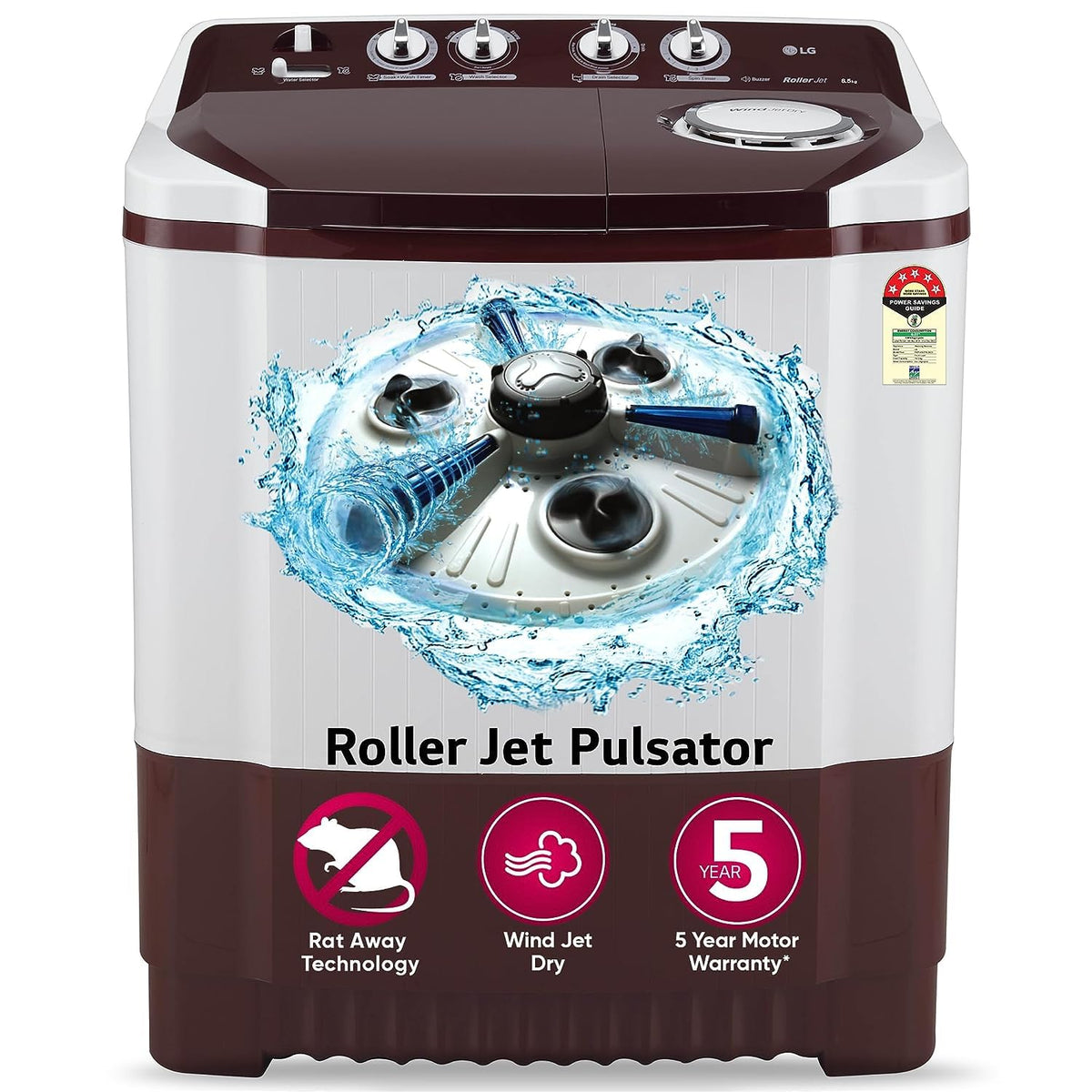 LG 8 Kg 5 Star Wind Jet Dry Rat Away Technology Semi-Automatic Top Loading Washing Machine (P8030SRAZ, Roller Jet Pulsator, Collar Scrubber, Lint Collector, Burgundy)