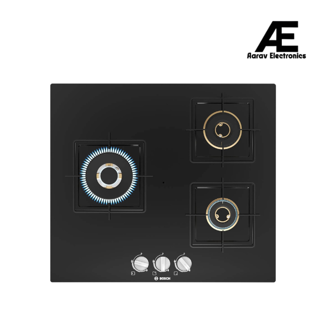 Bosch Built in Gas Hob Black Tempered glass Glass 3 Burner Auto Ignition 60 cm True Brass 2D Ring Burners with Glossy Black Heat Shields & Enameld pan supports (PNC6B6F10I)