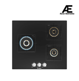 Bosch Built in Gas Hob Black Tempered glass Glass 3 Burner Auto Ignition 60 cm True Brass 2D Ring Burners with Glossy Black Heat Shields & Enameld pan supports (PNC6B6F10I)